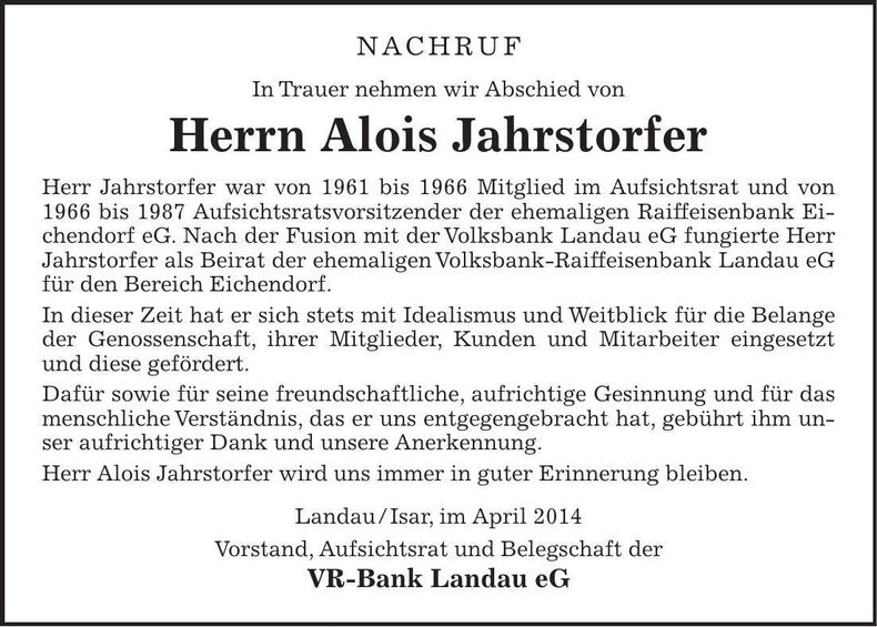Traueranzeige Alois Jahrstorfer