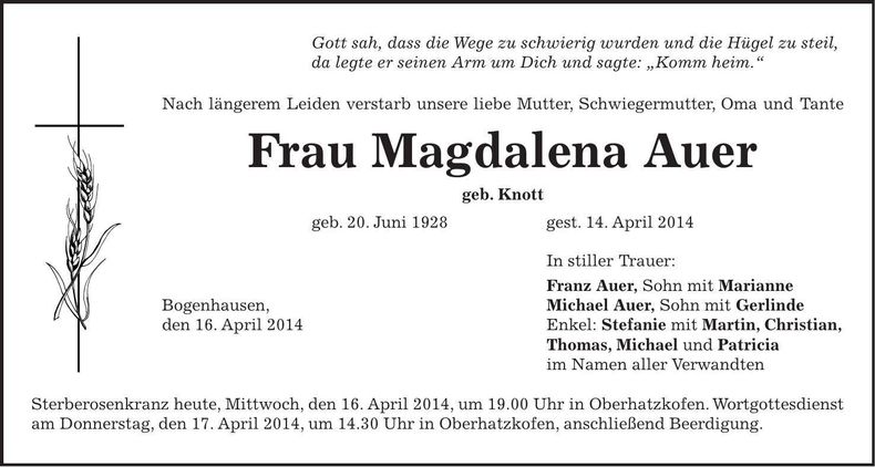 Traueranzeige Magdalena Auer