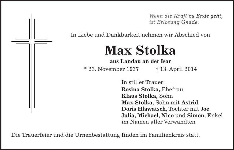 Traueranzeige Max Stolka