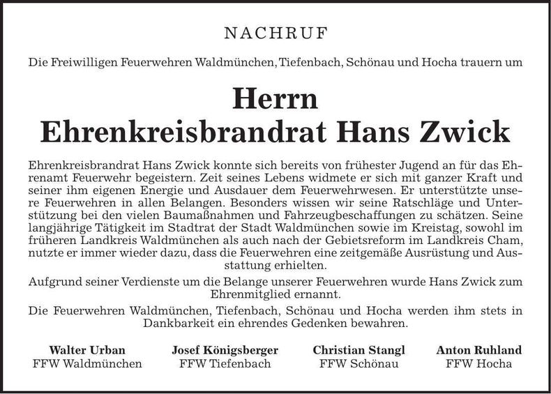 Traueranzeige Johann Zwick