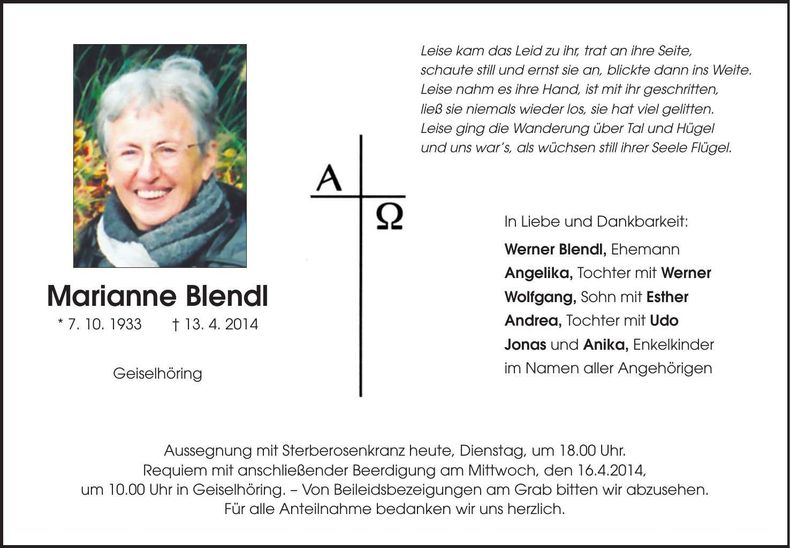 Traueranzeige Marianne Blendl
