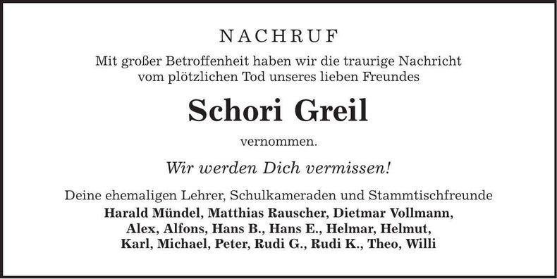 Traueranzeige Schori Greil