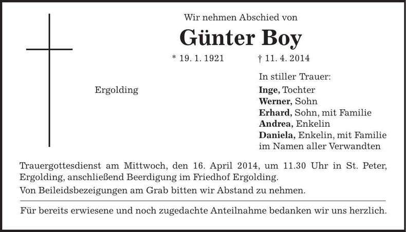 Traueranzeige Günter Boy