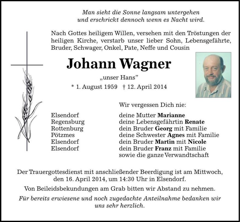 Traueranzeige Johann Wagner