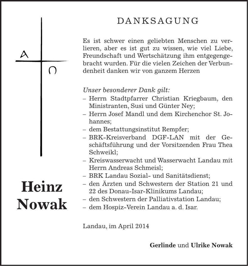 Traueranzeige Heinz Nowak