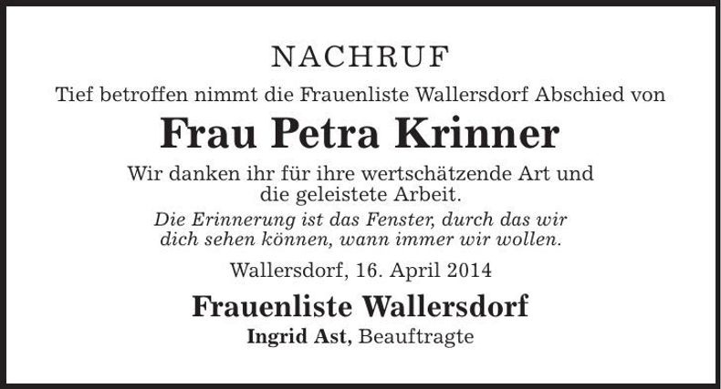 Traueranzeige Petra Krinner