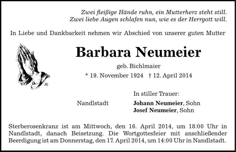Traueranzeige Barbara Neumeier