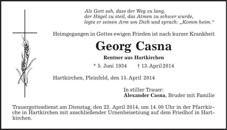 Traueranzeige Georg Casna