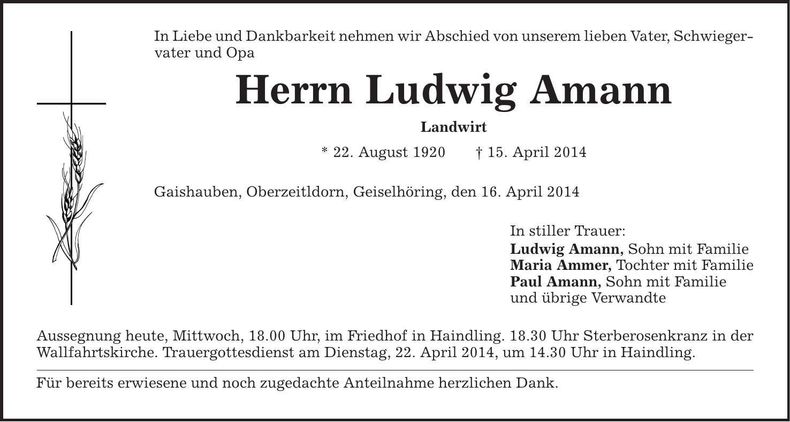 Traueranzeige Ludwig Amann