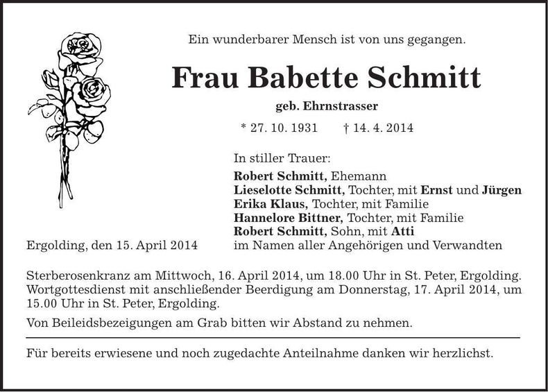 Traueranzeige Babette Schmitt