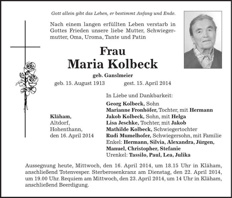 Traueranzeige Maria Kolbeck