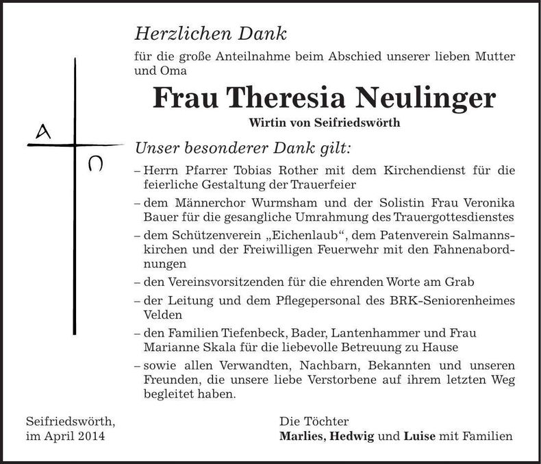 Traueranzeige Theresia Neulinger