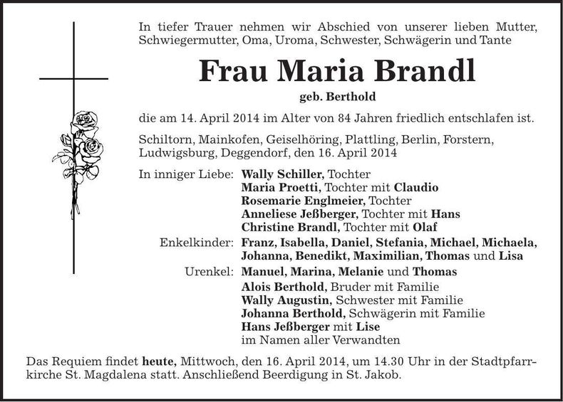 Traueranzeige Maria Brandl