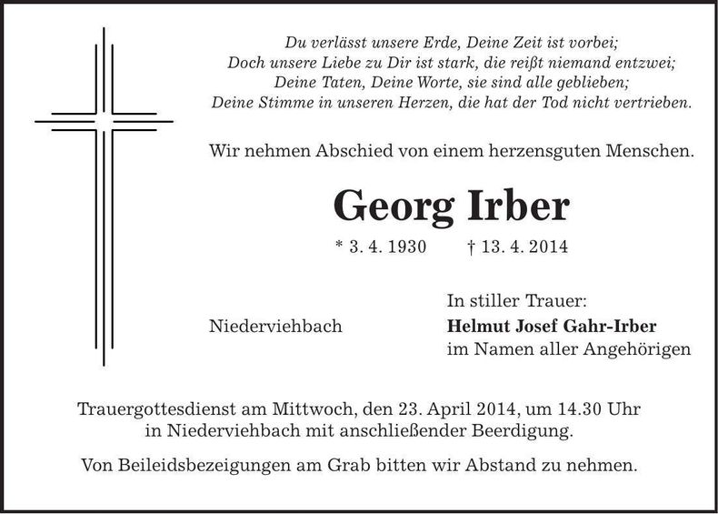 Traueranzeige Georg Irber
