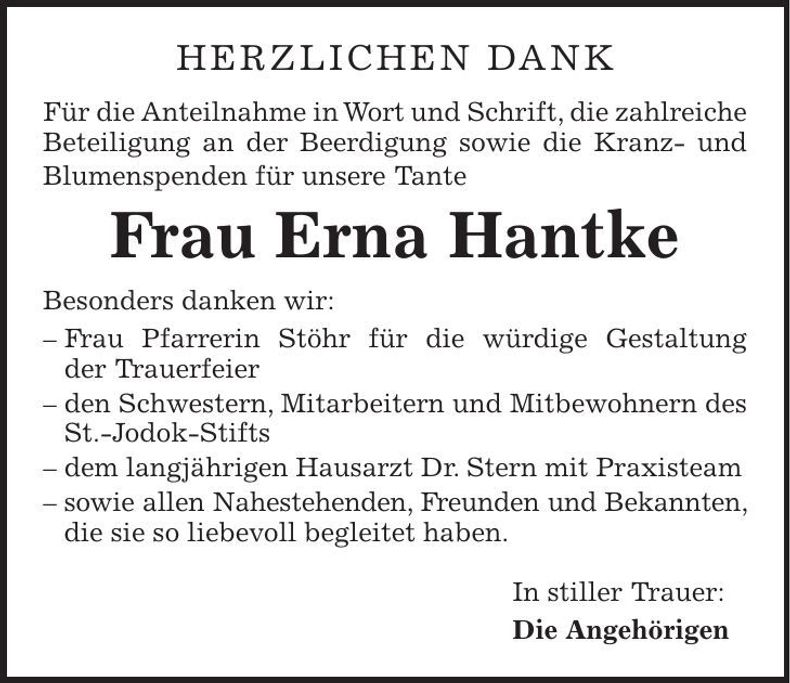 Traueranzeige Erna Hantke