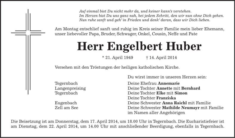 Traueranzeige Engelbert Huber