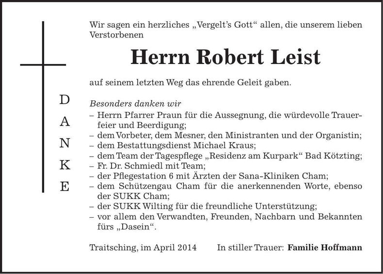 Traueranzeige Robert Leist