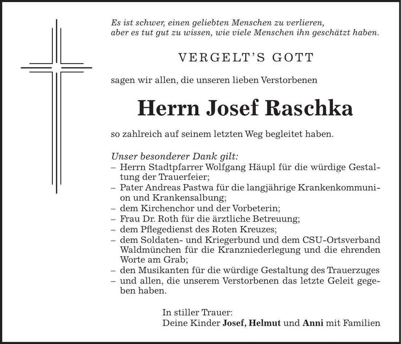 Traueranzeige Josef Raschka
