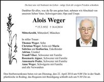 Traueranzeige Alois Weger