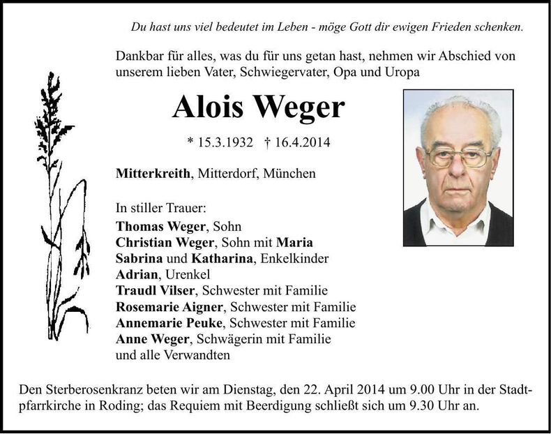Traueranzeige Alois Weger