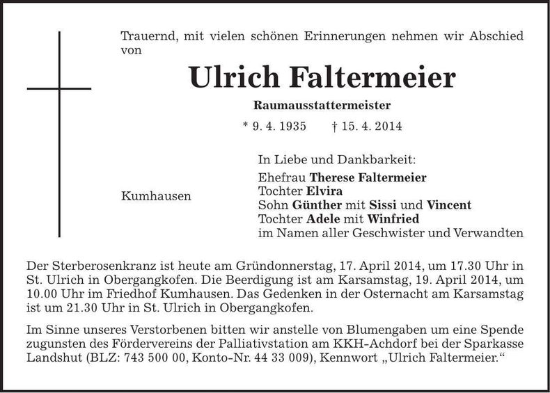 Traueranzeige Ulrich Faltermeier