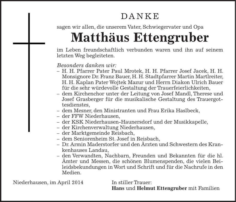 Traueranzeige Matthäus Ettengruber