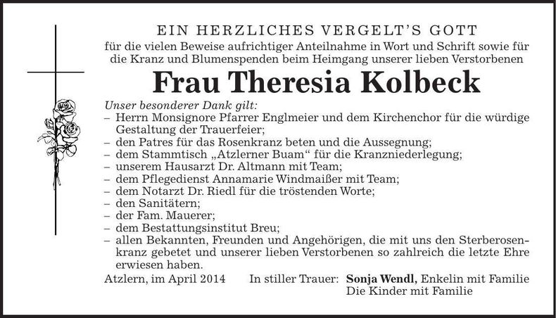Traueranzeige Sonja Wendl