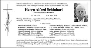 Traueranzeige Alfred Schinharl