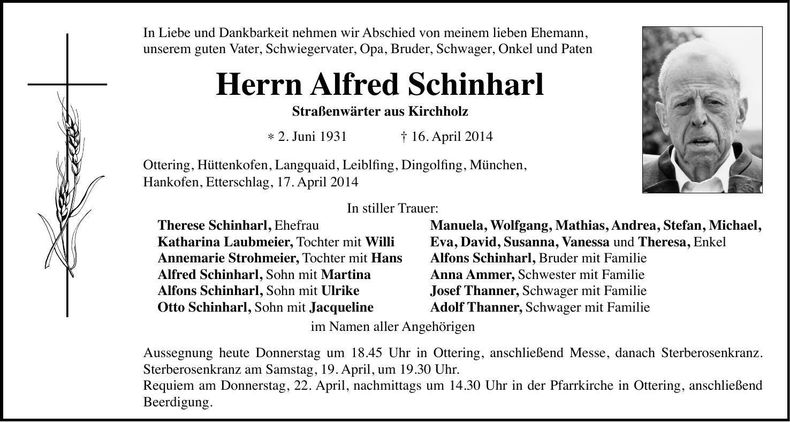 Traueranzeige Alfred Schinharl