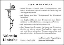 Traueranzeige Lintsche Valentin