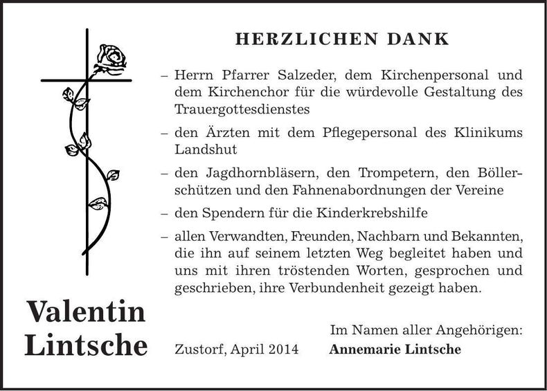 Traueranzeige Lintsche Valentin