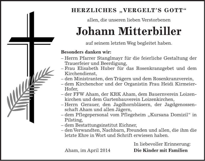 Traueranzeige Johann Mitterbiller