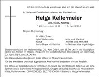 Traueranzeige Helga Kellermeier