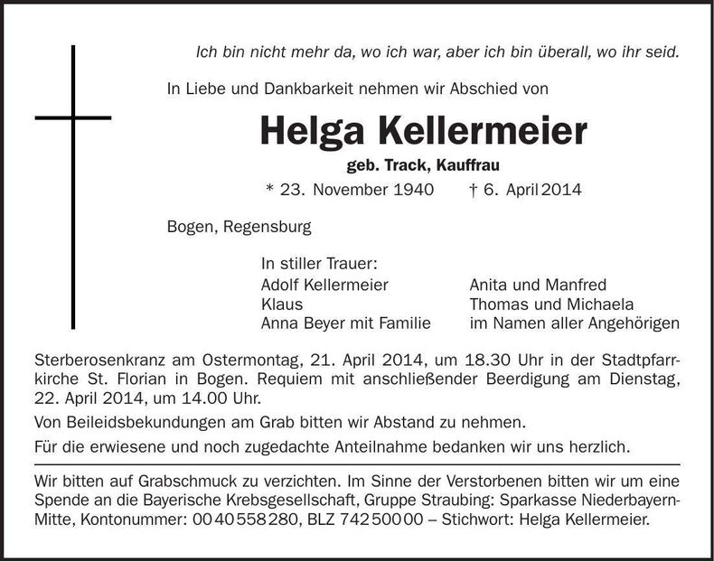 Traueranzeige Helga Kellermeier