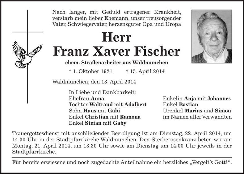 Traueranzeige Franz Xaver Fischer