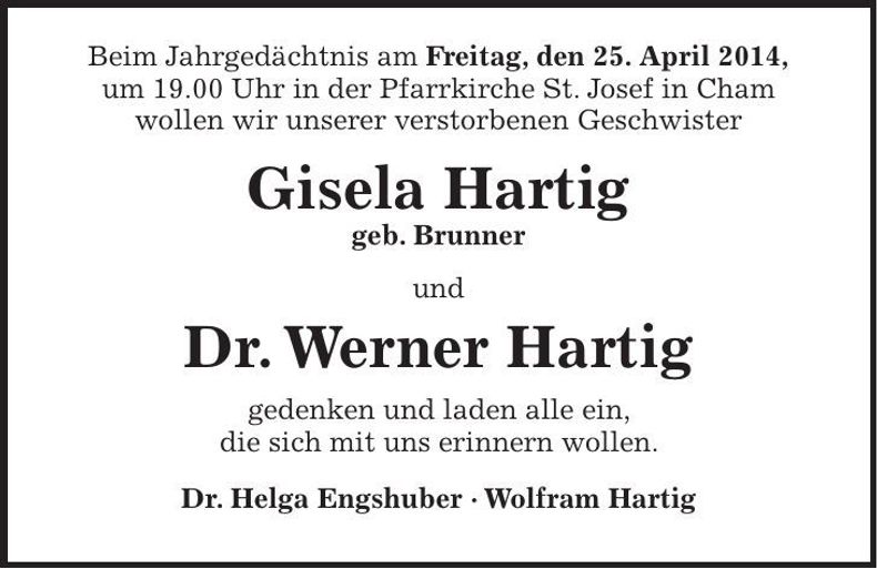 Traueranzeige Gisela u. Werner Hartig