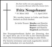 Traueranzeige Fritz Neugebauer