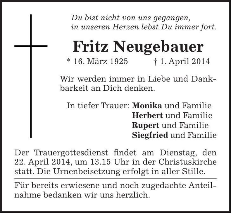 Traueranzeige Fritz Neugebauer