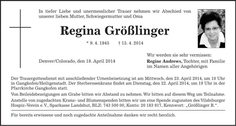 Traueranzeige Regina Größlinger