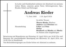 Traueranzeige Andreas Rieder