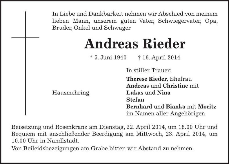 Traueranzeige Andreas Rieder