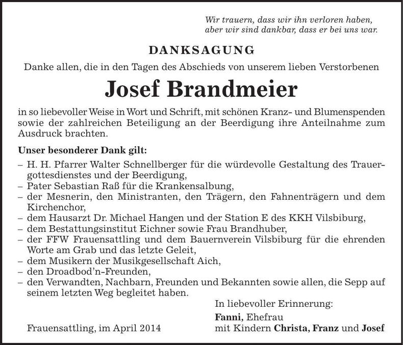 Traueranzeige Josef Brandmeier