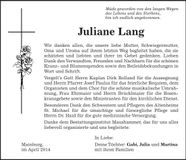 Traueranzeige Juliane Lang