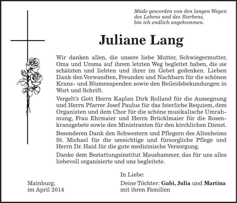 Traueranzeige Juliane Lang