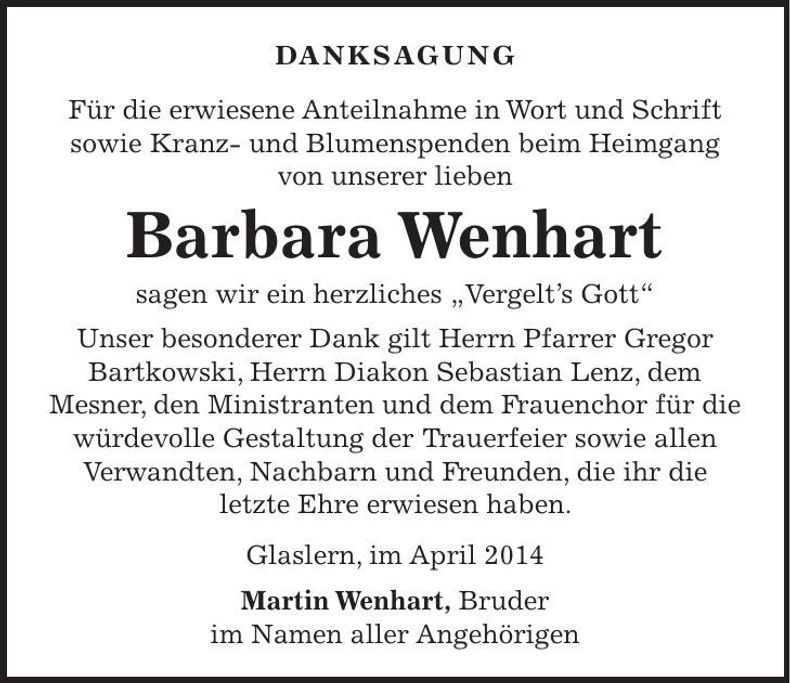 Traueranzeige Barbara Wenhart