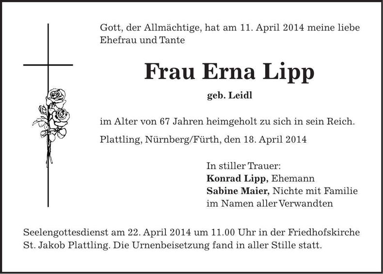 Traueranzeige Erna Lipp