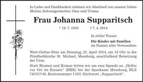 Traueranzeige Johanna Supparitsch