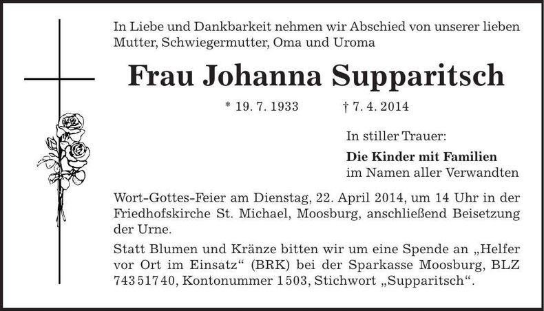 Traueranzeige Johanna Supparitsch