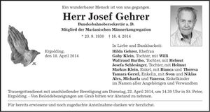 Traueranzeige Josef Gehrer