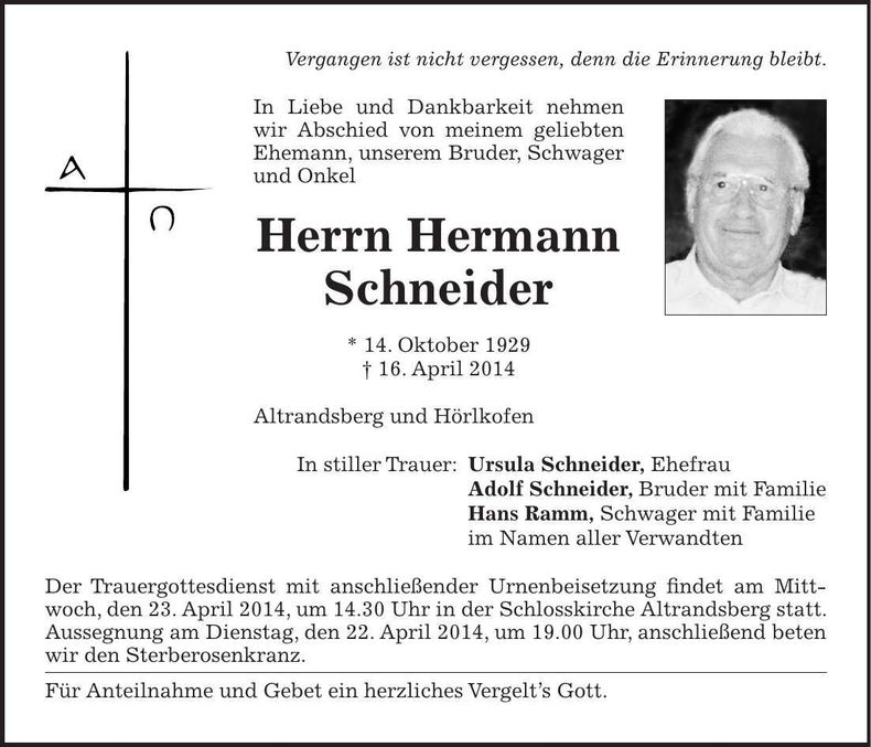 Traueranzeige Hermann Schneider